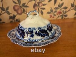 Antique Johnson Bros Flow Blue Normandy Covered Butter Dish