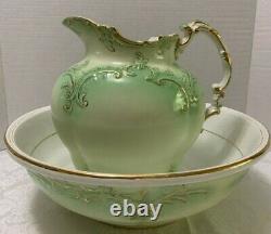 Antique PITCHER & BOWL WASH SET Johnson Brothers English Scrolls Green Gold Trim