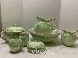 Antique PITCHER & BOWL WASH SET Johnson Brothers English Scrolls Green Gold Trim