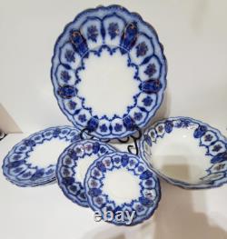 Antique RARE Johnson Bros Eclipse Flow Blue, Flowers/Scrolls with Gold, (7)