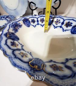 Antique RARE Johnson Bros Eclipse Flow Blue, Flowers/Scrolls with Gold, (7)