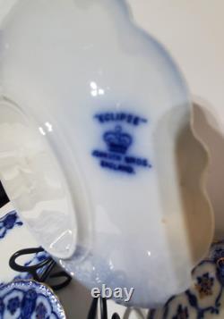 Antique RARE Johnson Bros Eclipse Flow Blue, Flowers/Scrolls with Gold, (7)