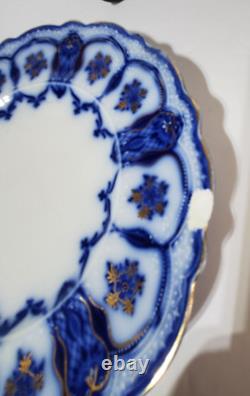Antique RARE Johnson Bros Eclipse Flow Blue, Flowers/Scrolls with Gold, (7)