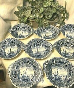 Blue Historic American Ferry Boat Fruit/Dessert Bowl Johnson Bros. Eng. Brooklyn