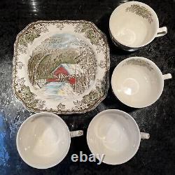 England Friendly Village Covered Bridge 4 Snack Plate Tea Cup Johnson Bros. EUC