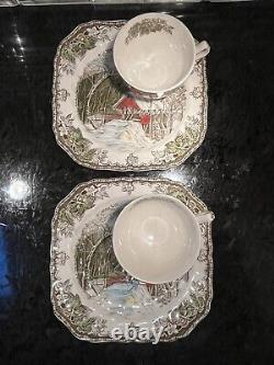 England Friendly Village Covered Bridge 4 Snack Plate Tea Cup Johnson Bros. EUC