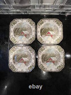 England Friendly Village Covered Bridge 4 Snack Plate Tea Cup Johnson Bros. EUC