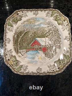 England Friendly Village Covered Bridge 4 Snack Plate Tea Cup Johnson Bros. EUC