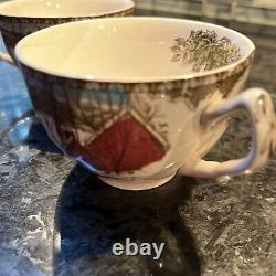 England Friendly Village Covered Bridge 4 Snack Plate Tea Cup Johnson Bros. EUC