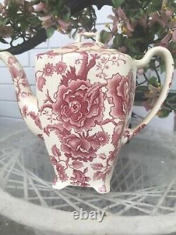 English Chippendale Johnson Bros England Teapot Coffee Pot Red Pink Rose Flower