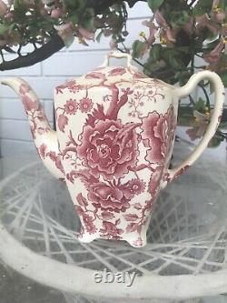 English Chippendale Johnson Bros England Teapot Coffee Pot Red Pink Rose Flower