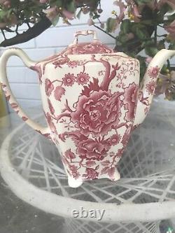 English Chippendale Johnson Bros England Teapot Coffee Pot Red Pink Rose Flower