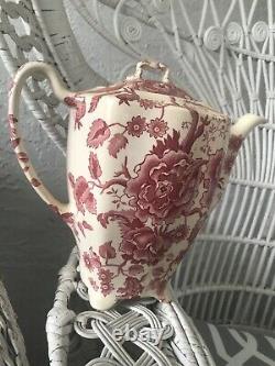 English Chippendale Johnson Bros England Teapot Coffee Pot Red Pink Rose Flower