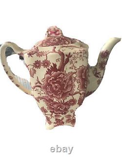 English Chippendale Johnson Bros England Teapot Coffee Pot Red Pink Rose Flower