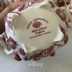 English Chippendale Johnson Bros Red Pink Floral Tea Set Teapot Creamer Sugar
