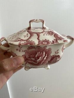 English Chippendale Johnson Bros Red Pink Floral Tea Set Teapot Creamer Sugar