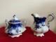 Flow Blue Johnson Bros Claton 1902 Creamer & Sugar Set Antique England
