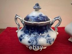 Flow Blue Johnson Bros Claton 1902 Creamer & Sugar Set Antique England
