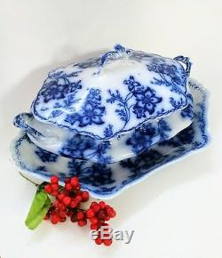 Flow Blue Soup Tureen w Lid & Underplate, Johnson Bros, Large Bowl, China