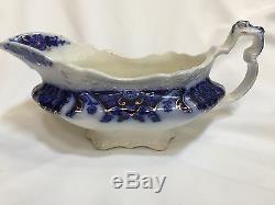 Great Antique Johnson Brothers FLOW BLUE Gravy Boat with Gold, Florida Pattern