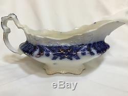 Great Antique Johnson Brothers FLOW BLUE Gravy Boat with Gold, Florida Pattern