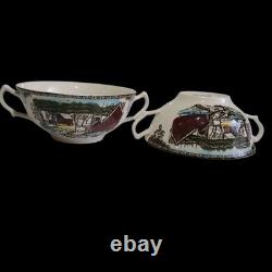 JOHNSON BROS FRIENDLY VILLAGE THE ICE HOUSE Double Handle Cream Soup Bowls HTF