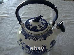 JOHNSON BROTHERS BLUE WILLOW PORCELAIN ENAMEL on STEEL WHISTLING TEA KETTLE with