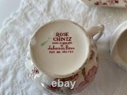 JOHNSON BROTHERS Rose Chintz Teapot, Sugar Bowl, Creamer & tray ENGLAND