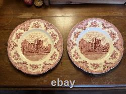 JOHNSON BROTHERS Set Of 8 Red Pink Transferware Dinner Plates Old Britain Castle