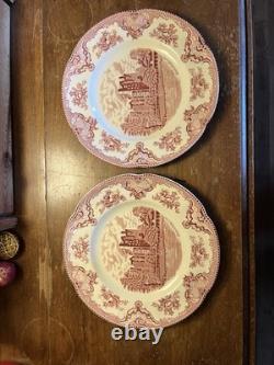 JOHNSON BROTHERS Set Of 8 Red Pink Transferware Dinner Plates Old Britain Castle