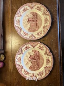 JOHNSON BROTHERS Set Of 8 Red Pink Transferware Dinner Plates Old Britain Castle