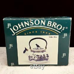 Johnson Bros Blue Willow Whistling Tea Kettle Enamelware New Old Stock in Box