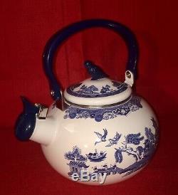 Johnson Bros Blue Willow Whistling Tea Kettle Porcelain Enamel On Steel NIB Rare