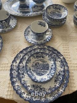 Johnson Bros. Coaching Scenes, Blue Transferware Pattern, 34 Pieces- Set For 6