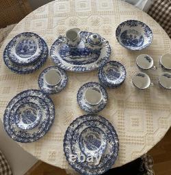 Johnson Bros. Coaching Scenes, Blue Transferware Pattern, 34 Pieces- Set For 6