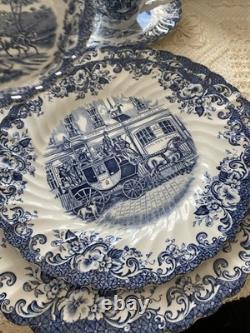 Johnson Bros. Coaching Scenes, Blue Transferware Pattern, 34 Pieces- Set For 6