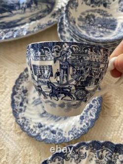 Johnson Bros. Coaching Scenes, Blue Transferware Pattern, 34 Pieces- Set For 6