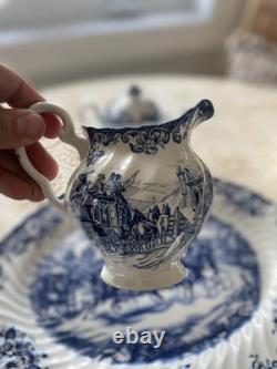 Johnson Bros. Coaching Scenes, Blue Transferware Pattern, 34 Pieces- Set For 6