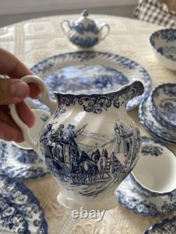 Johnson Bros. Coaching Scenes, Blue Transferware Pattern, 34 Pieces- Set For 6