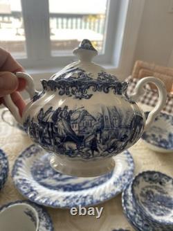 Johnson Bros. Coaching Scenes, Blue Transferware Pattern, 34 Pieces- Set For 6