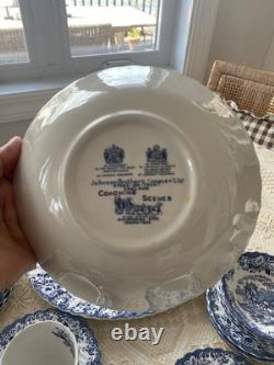 Johnson Bros. Coaching Scenes, Blue Transferware Pattern, 34 Pieces- Set For 6