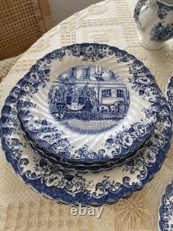Johnson Bros. Coaching Scenes, Blue Transferware Pattern, 34 Pieces- Set For 6