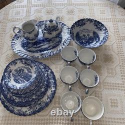 Johnson Bros. Coaching Scenes, Blue Transferware Pattern, 34 Pieces- Set For 6