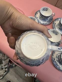 Johnson Bros Coaching Scenes Hunting Ironstone Blue/White Cup & Saucer Set 14p
