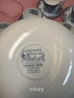 Johnson Bros Coaching Scenes Hunting Ironstone Blue/White Cup & Saucer Set 14p