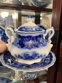 Johnson Bros Flow blue china complete 12 piece place setting with serving pieces