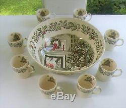 Johnson Bros MERRY CHRISTMAS Pattern Eggnog Bowl with 8 Matching Cups Mugs