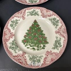 Johnson Bros Old Britain Castles Pink Christmas 4 Dinner Plates Green Tree 10.5