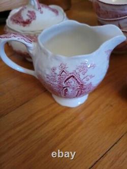 Johnson Bros. Old Britain Castles Pink Cups saucers, dessert plates, sugar, cre