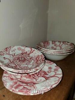 Johnson Bros Red English Chippendale 3 Bowl, 2 Bread & Butter Plates, 3 Saucers